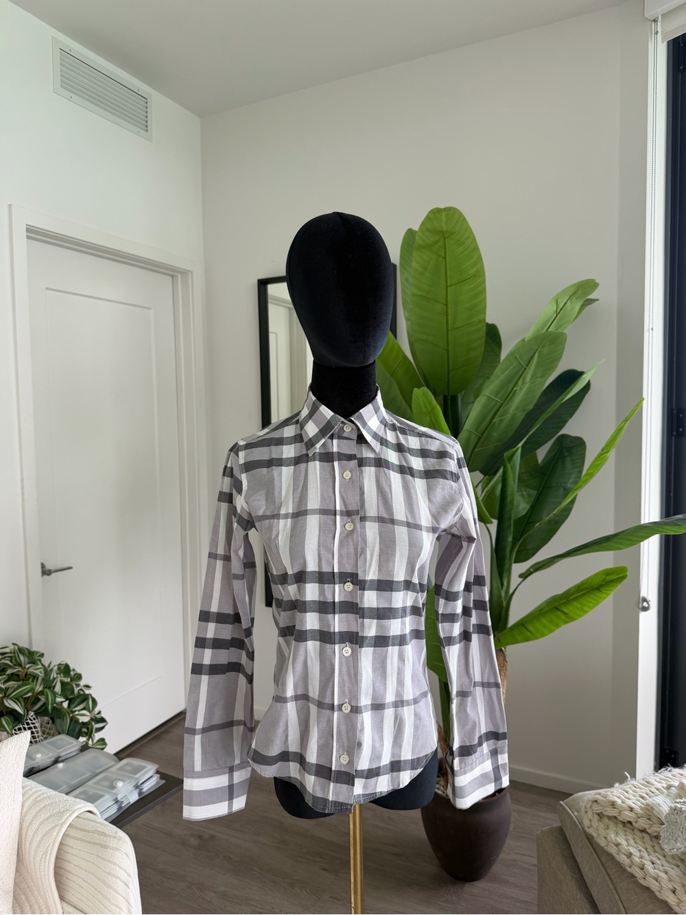 BURBERRY woman Gray Plaid Button-Down Shirt - size Xs - Misures in the pic- NEW